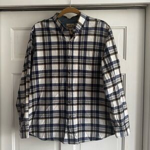 Blue Mountain Casual Plaid Button-Down Shirt - Navy, White, and Brown Size M